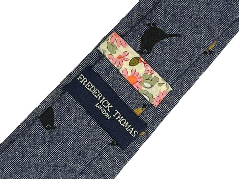 denim medium blue cotton tie with bird design